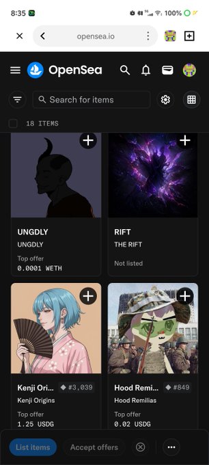 A mobile phone screenshot of the OpenSea NFT marketplace showing items including 'UNGDLY', 'THE RIFT', 'Kenji Origins #3,039', and 'Hood Remilia #849'.
