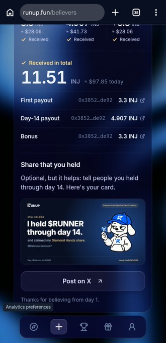 A mobile browser screenshot shows Runup rewards/payout information for a user address beginning “0x3852…de92,” including “Received in total 11.51 INJ,” payouts such as “3.3 INJ” and “4.907 INJ,” and a card saying “I held $RUNER through day 14.”