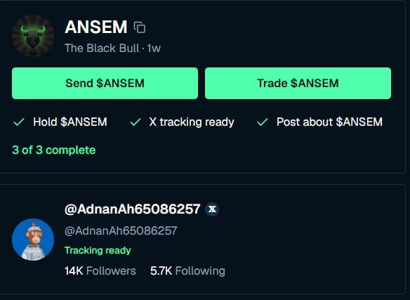 Social media interface showing a profile for 'ANSEM - The Black Bull' with a 3/3 complete checklist (Hold $ANSEM, X tracking ready, Post about $ANSEM), and a reply from @AdnanAh65086257 with 14K followers.