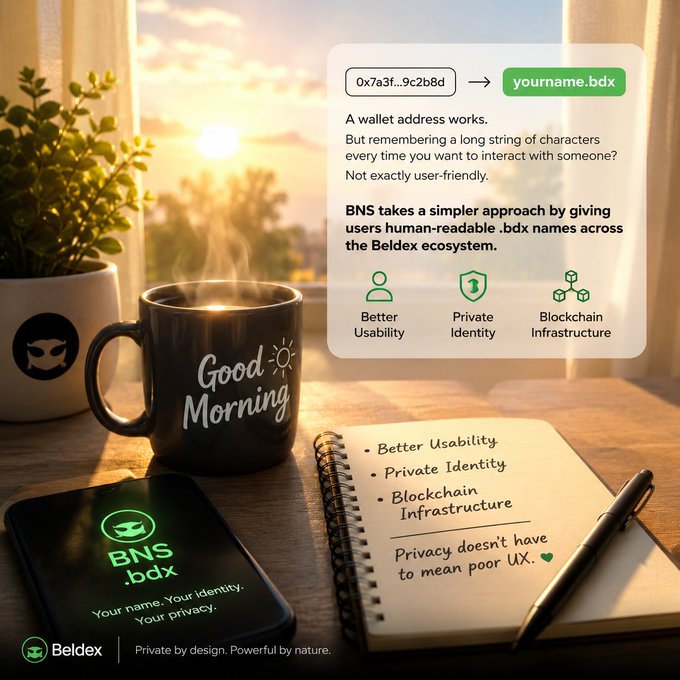 A promotional image for "Beldex" and "BNS" showing a smartphone, a notebook, and a "Good Morning" coffee mug, explaining that BNS gives users human-readable .bdx names like "yourname.bdx".