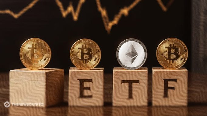Four cryptocurrency coins (three Bitcoin and one Ethereum) placed on wooden blocks spelling 'ETF' with a 'thenewsCrypto' watermark.