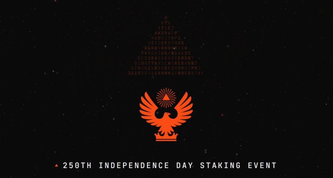 A promotional graphic for a "250TH INDEPENDENCE DAY STAKING EVENT" features a stylized orange eagle emblem beneath a triangular arrangement of encrypted code on a starry black background, promoting the SL8 staking initiative mentioned in the accompanying post.