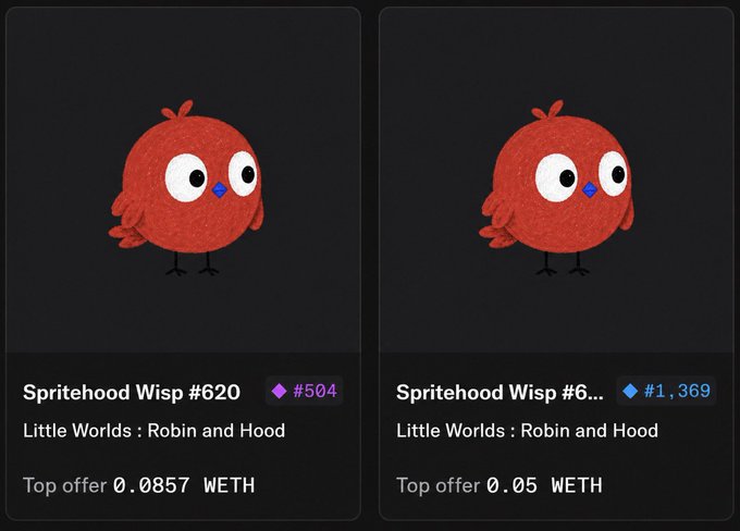 Two NFT listings for "Spritehood Wisp" from the "Little Worlds: Robin and Hood" collection, showing a red cartoon bird character with a blue beak, priced at 0.0857 WETH and 0.05 WETH respectively.