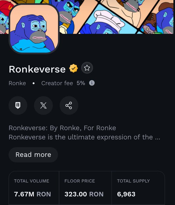 A profile page for 'Ronkeverse' NFT collection by Ronke, showing a 5% creator fee, total volume of 7.67M RON, floor price of 323.00 RON, and total supply of 6,963.