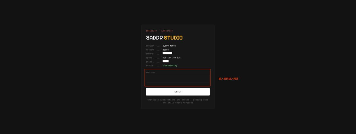 A dark interface for "Zaddr Studio" (broadcast - classified) shows fields for subject "2,800 faces," network "zcash," and a status of "transmitting," with a red Chinese annotation pointing to the password input field that reads "输入密码进入网站" (Enter password to enter the website). The image illustrates the login step for the ZEC Zaddr NFT minting site, demonstrating that the whitelist is accessible using the shared password "ZADDR-OKGO51M-2800."