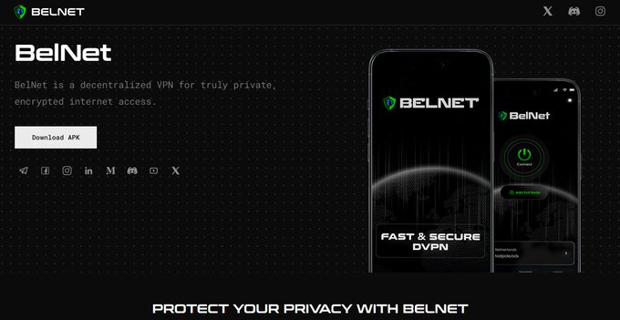 The BelNet website describing it as a decentralized VPN for private encrypted internet access, featuring a 'Download APK' button, 'FAST & SECURE DVPN' phone mockups, and the tagline 'PROTECT YOUR PRIVACY WITH BELNET'.