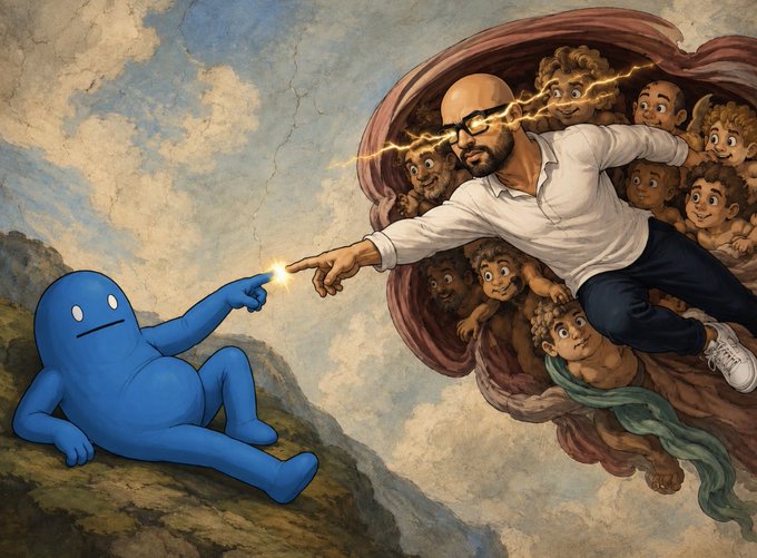A parody of Michelangelo's Creation of Adam featuring a bald man with glasses creating a blue blob figure that resembles the Sans character, surrounded by cherub children in a Renaissance-style painting.