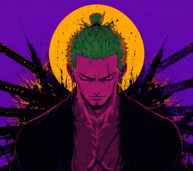 An anime illustration of a green-haired character with a topknot and scarred face in front of a yellow sun and purple sky, with dark tentacle-like shapes behind him.