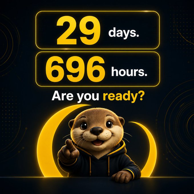 A countdown graphic with yellow text on a black background showing '29 days. 696 hours. Are you ready?' above a cartoon otter character in a hoodie pointing at the viewer.