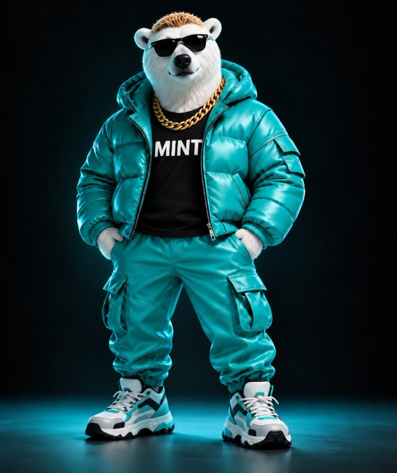 An anthropomorphic polar bear wearing sunglasses, a gold chain, a teal puffer jacket and matching cargo pants, and a black 'MINT' t-shirt, standing in a stylized pose.