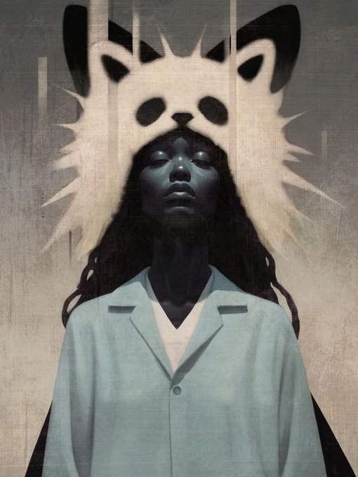 A Black woman stands centered with closed eyes and a serene expression, wearing a light blue collared shirt or jacket, while a large, stylized white feline spirit looms behind her head as a symbolic halo or protective presence — visually embodying the artwork's title "Queen of Silence" through its surreal, meditative fusion of human and animal forms.