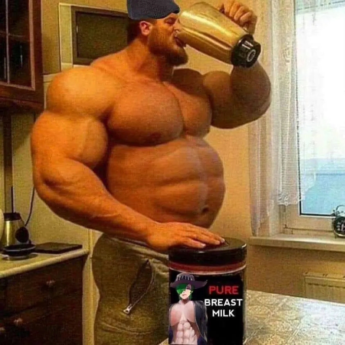 The image features a muscular man drinking from a large container of Pure Breast Milk, which has been photoshopped with an image of a woman. The caption below the image reads "Linn'S Leverage #1048 is out: (Link in tweet below) @boros_fi @pendle_fi @maplefinance @Theo_Network @KyanExchange @Mantle_Official Like/Repost to support".