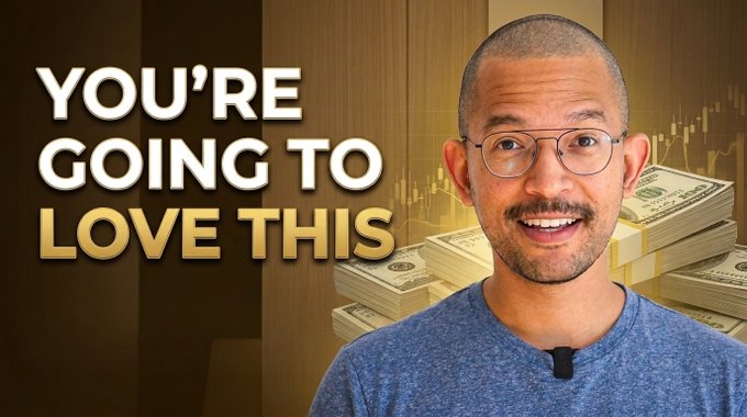 A smiling man in a blue shirt appears beside bold white text reading "YOU'RE GOING TO LOVE THIS," with stacks of cash and a candlestick chart graphic in the background, visually promoting a video about an unexpected Bitcoin price surge that could create new crypto millionaires.