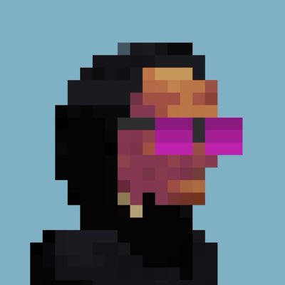 A pixelated low-resolution portrait of a person with dark hair wearing bright pink/magenta sunglasses against a teal background.