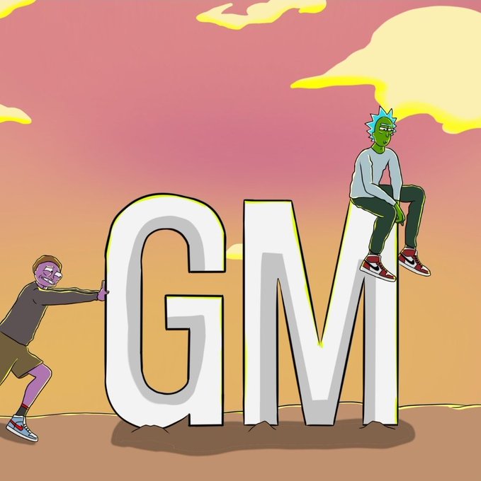 A cartoon illustration shows a character resembling Rick from "Rick and Morty" sitting atop large white letters spelling "GM" at sunset, while another character pushes the letters from behind.