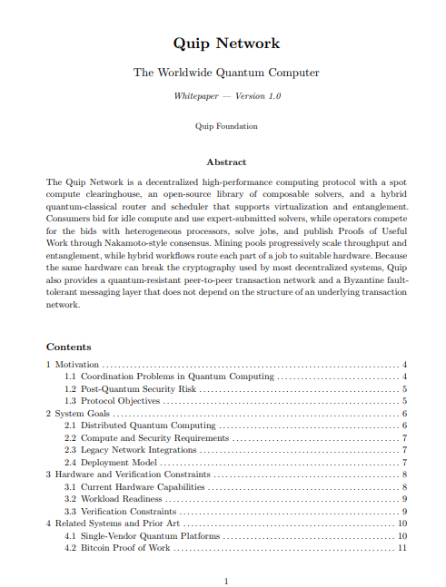 The first page of the 'Quip Network' Whitepaper Version 1.0 displays the title 'The Worldwide Quantum Computer' followed by an abstract and table of contents.