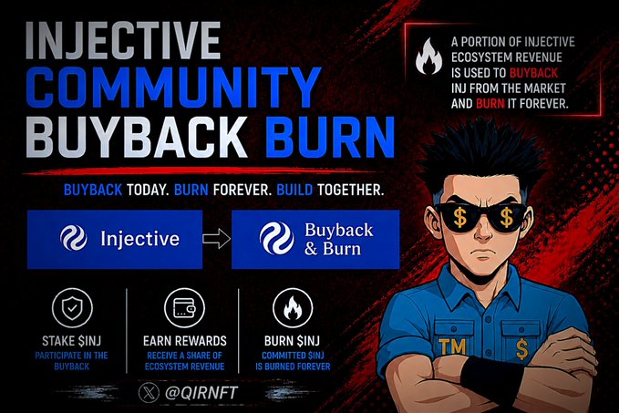 A promotional graphic titled 'INJECTIVE COMMUNITY BUYBACK BURN' with the slogan 'BUYBACK TODAY. BURN FOREVER. BUILD TOGETHER.' It features an anime character wearing dollar sign sunglasses alongside details about staking INJ and burning tokens.