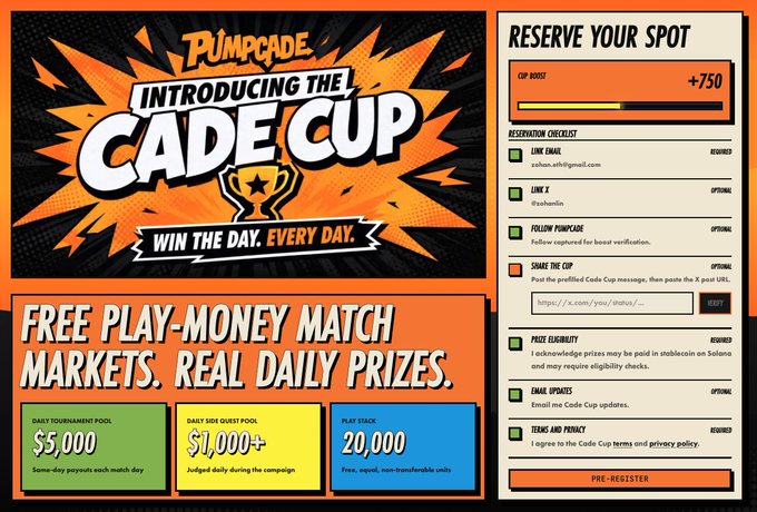 A promotional flyer for the 'PUMPCADE CADE CUP' with bold comic-style text, offering free play-money match markets with prizes including a $5,000 daily tournament pool and 20,000 play stack, alongside a reservation checklist.