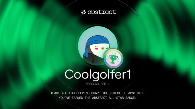 A digital badge from 'abstract' congratulates 'Coolgolfer1' (@COOLGOLFER_1) for earning an Abstract All-Star badge.
