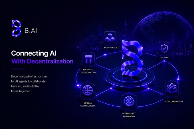 The image displays a promotional graphic for **B.AI** featuring the tagline "Connecting AI With Decentralization," accompanied by a description that reads "Decentralized infrastructure for AI agents to collaborate, transact, and build the future together." A central 3D logo is surrounded by interconnected nodes labeled "DECENTRALIZED," "SECURE," "FINANCIAL COORDINATION," "AI COLLABORATION," "INTELLIGENT AUTONOMY," and "GLOBAL CONNECTIVITY," visually reinforcing the post's message about AI thriving in transparent, secure, and permissionless decentralized environments.