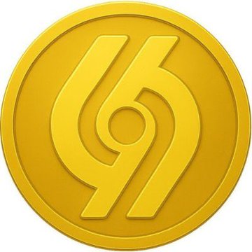 A close-up of a gold-colored crypto token or coin featuring an abstract logo design with interconnected lines forming an 'S' or '69' shape.