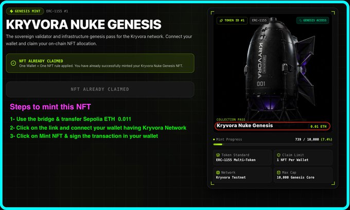 Screenshot of a page for the 'KRYVORA NUKE GENESIS' NFT mint, showing that the NFT has already been claimed, with collection data indicating 739 of 10,000 minted.