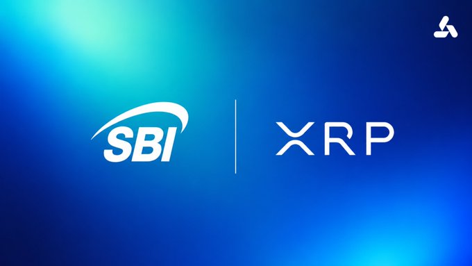 The image features two logos side by side with the text "SBI" above one logo and "XRP" below the other, both written in white against a blue background. The text reads "KNOW: Japan's SBI Shinsei Bank Will Let Customers Turn Their Deposit Interest Into $XRP", which is an announcement about a new feature offered by SBI bank to its customers. This feature allows users to convert their deposited money into XRP, a digital currency, and earn interest on this conversion. The post also mentions that the pilot launch of this feature will take place in June.