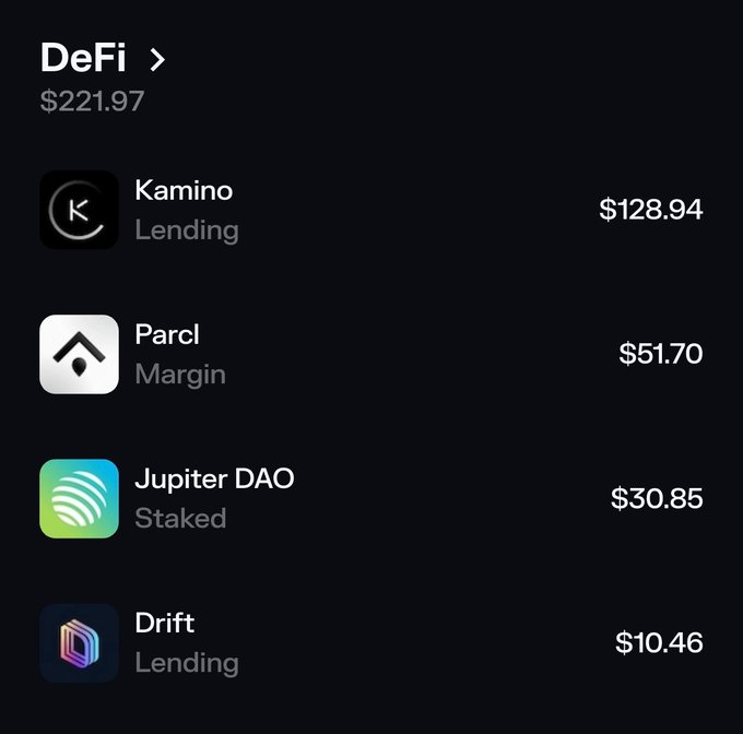 A screenshot of a DeFi section on a crypto wallet showing $221.97 locked across Solana protocols: Kamino (Lending) at $128.94, Parcl (Margin) at $51.70, Jupiter DAO (Staked) at $30.85, and Drift (Lending) at $10.46.