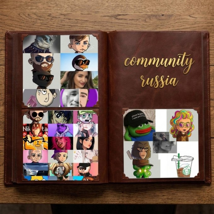 A top-down view of an open brown leather binder or wallet resting on a wooden surface, containing various cartoon avatar stickers and photos, with the words 'community russia' elegantly written on the right page.