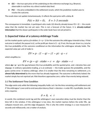 A screenshot of a textbook or academic article explaining **latency arbitrage**, featuring the expected value formula **EV = (p - q - c) / (1 - p)**, alongside sections on order books, bid/ask spreads, and settlement-time conditions—contextualizing the arbitrage strategy ("Bonereaper") that exploits price discrepancies between an oracle and a reference exchange on Polymarket.