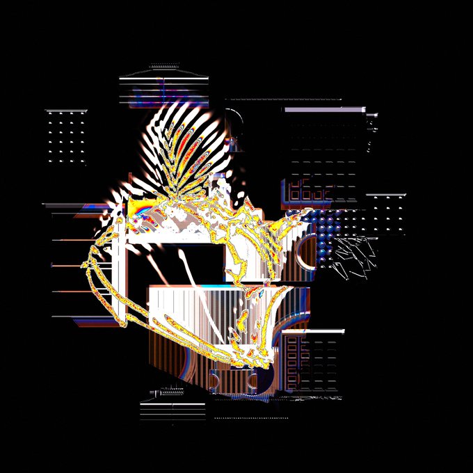An abstract digital artwork on a black background featuring glitch effects, geometric shapes, and a stylized gold and white skeletal or floral form.