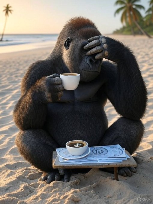 A gorilla relaxing on a beach covers one eye while sipping espresso and reviewing paperwork titled "Descriptive Statistics" — capturing the "charts never sleep" grind even in weekend mode.