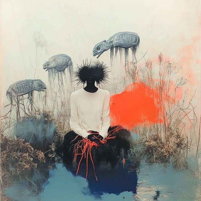 A surreal mixed-media artwork depicting a faceless figure in a white sweater seated in a grassy field, with dripping, melting animal-like forms and bold splashes of orange and blue paint.