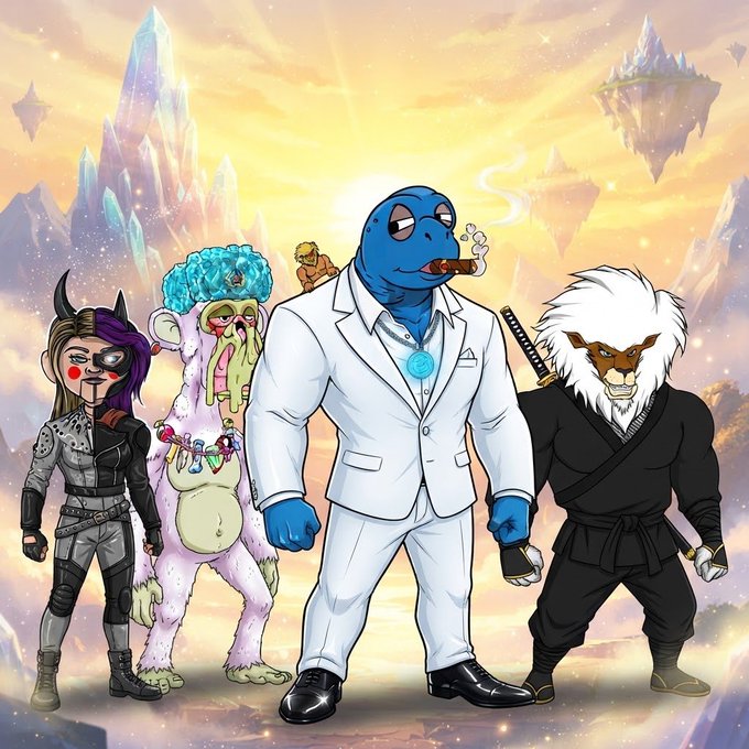 An illustration of four stylized characters, including a blue alien-like figure in a white suit smoking a cigar, standing in a fantastical landscape with floating crystals.
