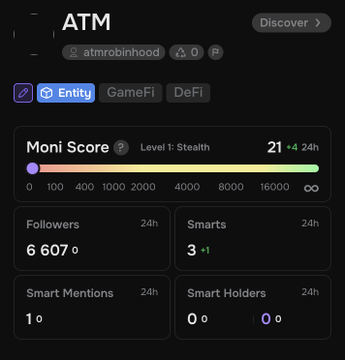 The image shows a Moni Score dashboard for the entity "ATM" (@atmrobinhood), displaying a Moni Score of 21 with 6,607 followers, 3 smarts, and 1 smart mention over a 24-hour period. The caption and accompanying post suggest this is a newly rebranded scam account (formerly @FarmCorns) with minimal engagement metrics, supporting claims of it being a suspicious rug-pulled project trying to restart under a new identity.