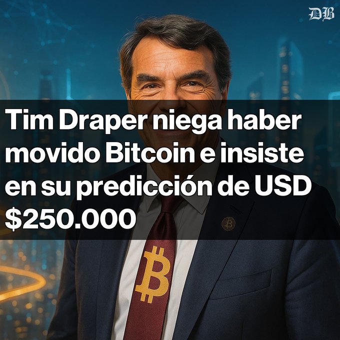 A news graphic featuring Tim Draper wearing a Bitcoin tie, with Spanish text reading 'Tim Draper niega haber movido Bitcoin e insiste en su predicción de USD $250.000'.