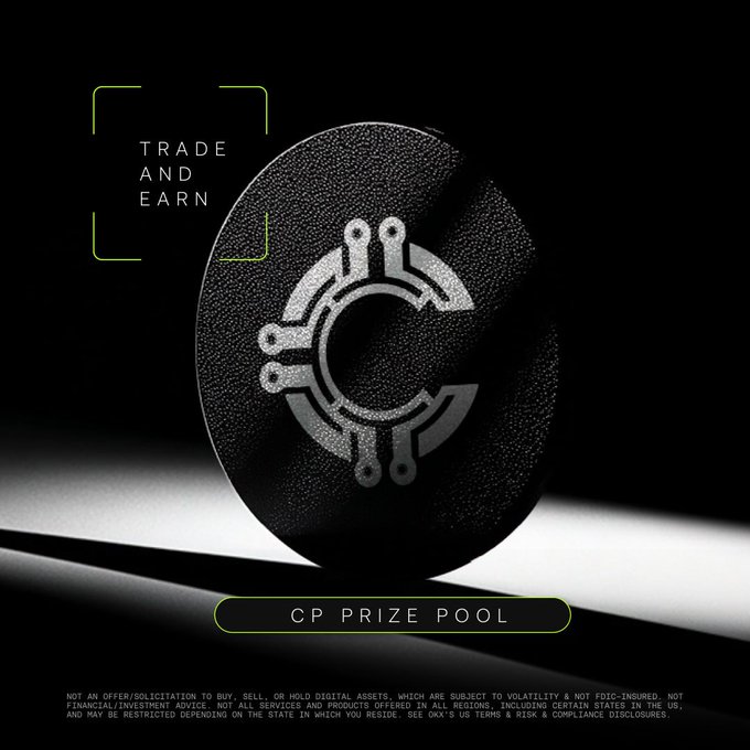 A dark, textured circular emblem with a circuit-like logo design is displayed against a black background, accompanied by the text 'TRADE AND EARN' in the corner and 'CP PRIZE POOL' at the bottom.