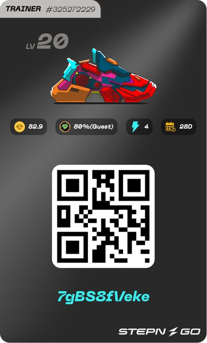 A STEPN GO NFT sneaker profile showing Trainer #325272229 at LV 20 with 82.9 coins and a QR code linking to 7gBS8fVeke.