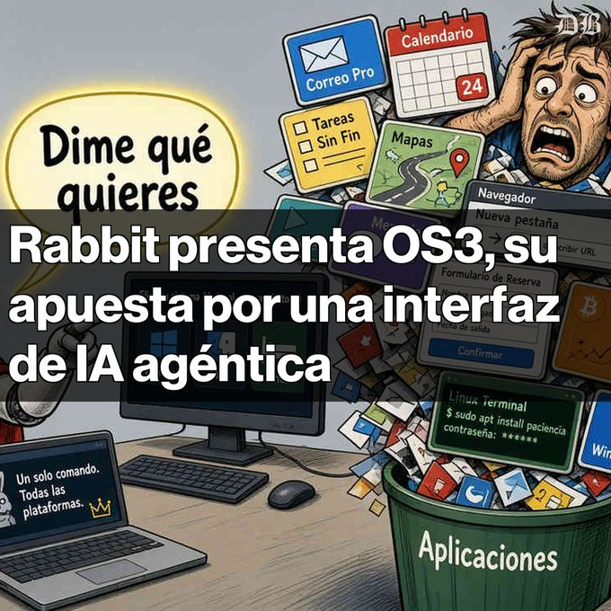 An illustrated graphic with Spanish text announcing "Rabbit presenta OS3, su apuesta por una interfaz de IA agéntica" showing a stressed man overwhelmed by app icons.