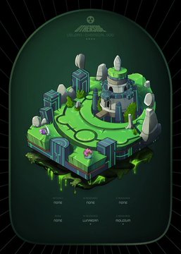 A 3D-rendered isometric floating island scene with stone ruins and greenery against a dark green background.