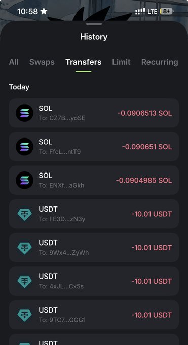 A mobile crypto wallet screenshot displaying the "History" tab under "Transfers," showing a series of outgoing transactions dated "Today" — including 0.0906513 SOL sent to addresses like CZ7B...yoSE and 10.01 USDT sent to multiple addresses (FE3D...zN3y, 9Wx4...ZyWh, etc.) — which aligns with the poster's caption of sending out money ("gws" = good wallets/airdrops) to several tagged recipients.