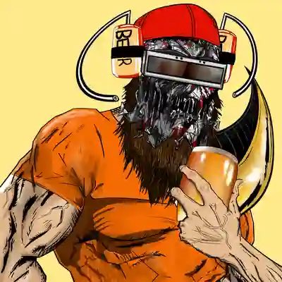A muscular figure wearing a red "Robinhood" cap and VR headset holds a gold bitcoin, featuring a cybernetic skull face in a stylized illustration promoting a Bitcoin-themed NFT collection from Robinhood Crypto.