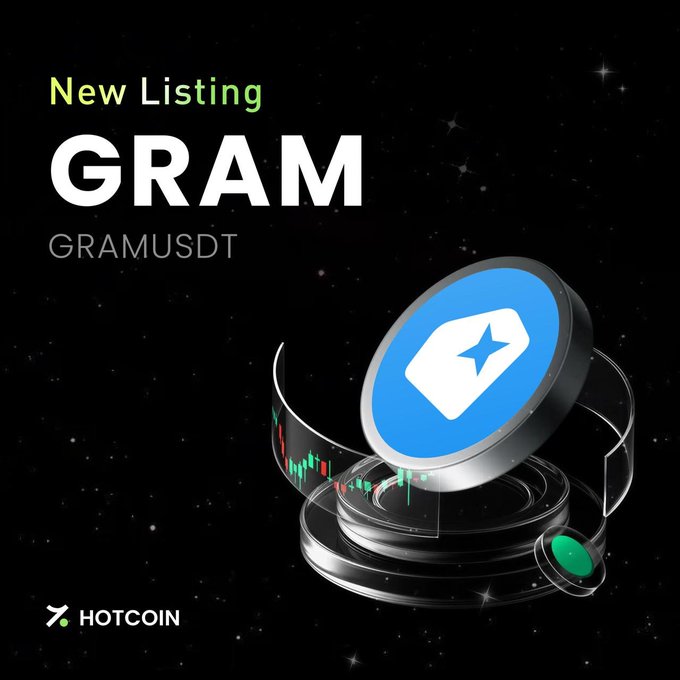 A 'New Listing' announcement for the cryptocurrency GRAM (GRAMUSDT) on the HOTCOIN exchange, featuring a stylized 3D coin with a price tag icon against a starry black background.