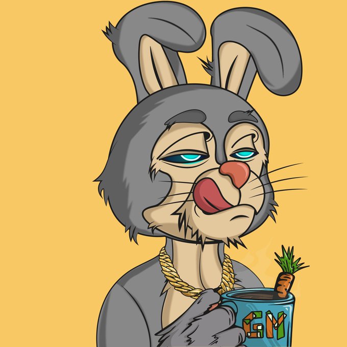 A cartoon illustration of a gray anthropomorphic rabbit character wearing a gold chain, holding a blue mug with a carrot sticking out of it against a yellow background.