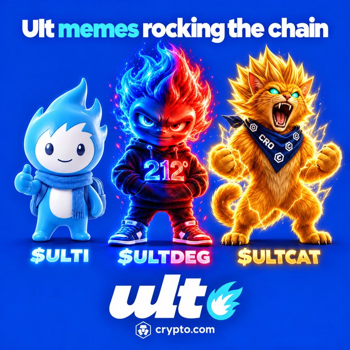 Crypto.com promotional graphic titled 'Ult memes rocking the chain' featuring three mascot characters labeled $ULTI, $ULTDEG, and $ULTCAT, with the crypto.com logo and 'ult' branding.