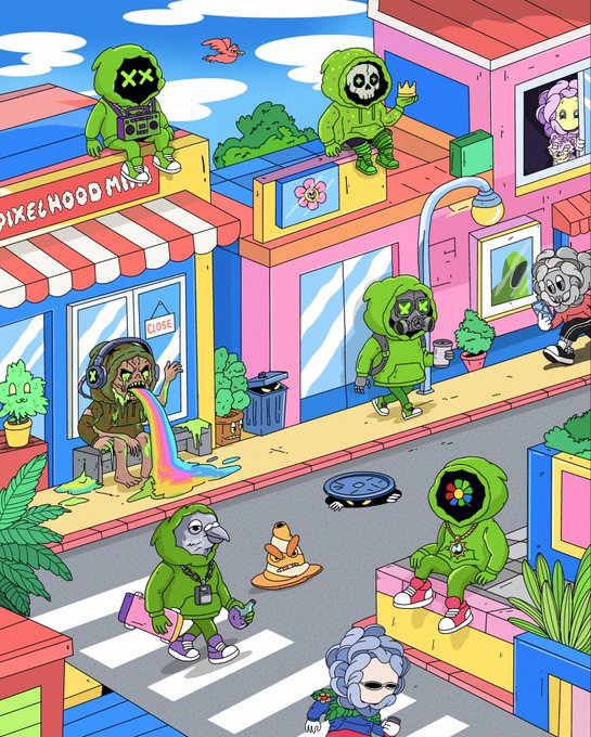 A colorful cartoon illustration depicts a vibrant city street scene populated by various characters wearing green hoodies and unique masks.