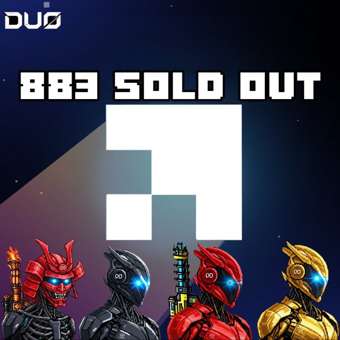 A promotional image for 'DUO' NFT project announcing '883 SOLD OUT' with four cyberpunk-style robot characters in red, black, and gold designs.