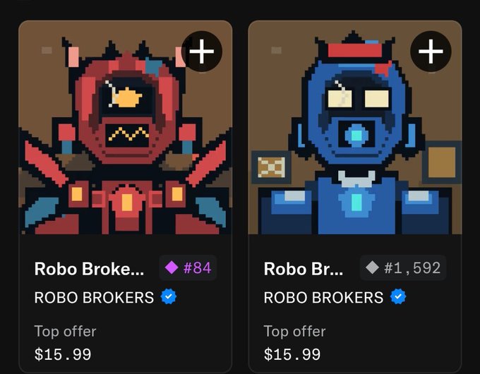 A screenshot showing two NFT listings on a marketplace, featuring pixelated robot characters named 'Robo Broke...' and 'Robo Br...' from the 'ROBO BROKERS' collection, both with top offers of $15.99.