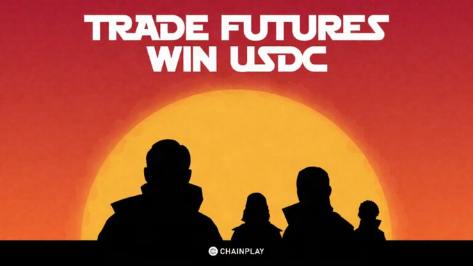 A promotional graphic with the text 'TRADE FUTURES WIN USDC' above silhouettes of characters against a large orange sun, with the 'CHAINPLAY' logo at the bottom.