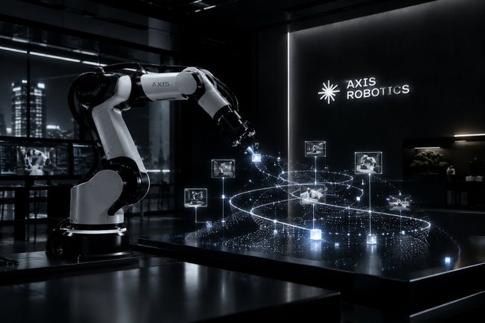 A futuristic robotics display featuring a white and black robotic arm working on a glowing digital interface, with the 'AXIS ROBOTICS' logo on a dark wall in the background.